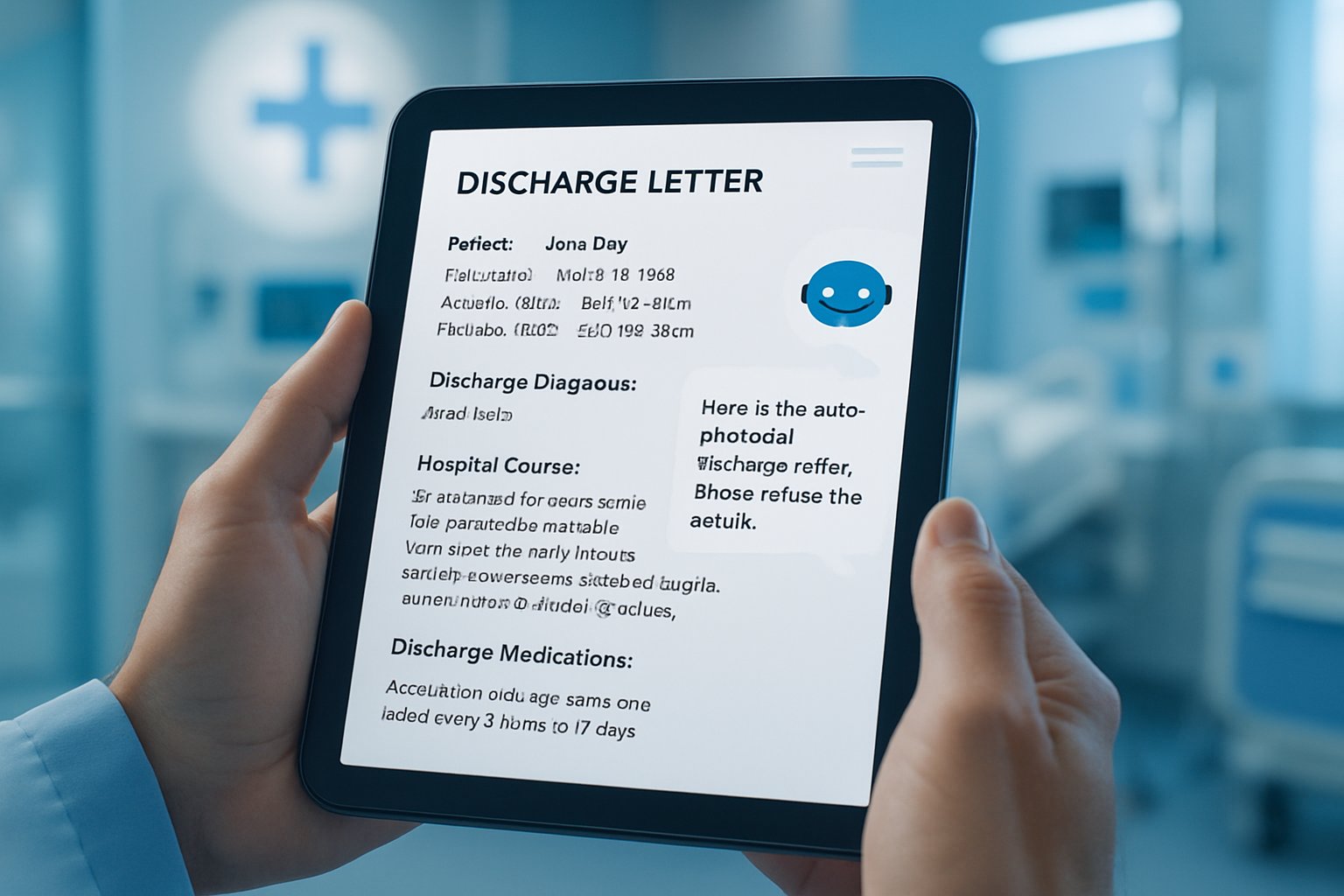 Healthcare AI automation drafting NHS medical discharge letters on a digital tablet.