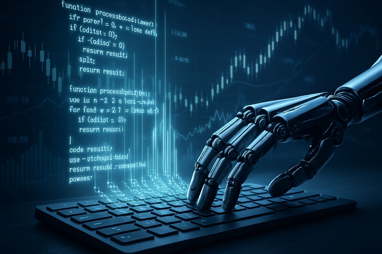 Robotic hand automating coding tasks for AI coding automation amid financial growth.