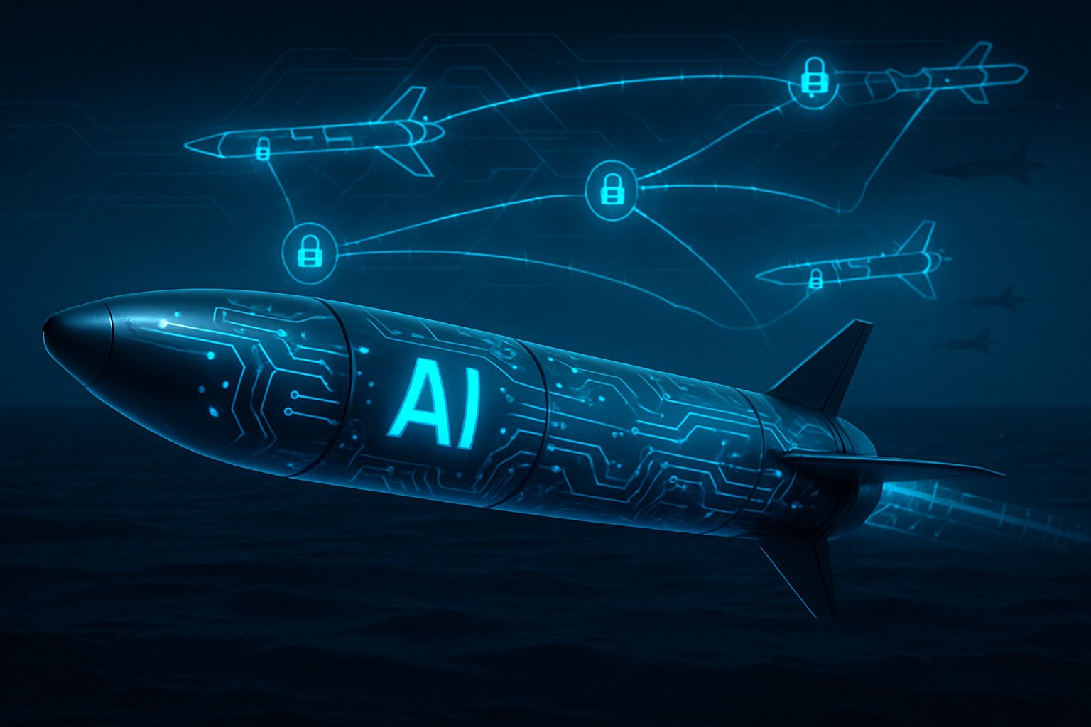 AI missiles in flight using secure links and autonomous missile guidance.