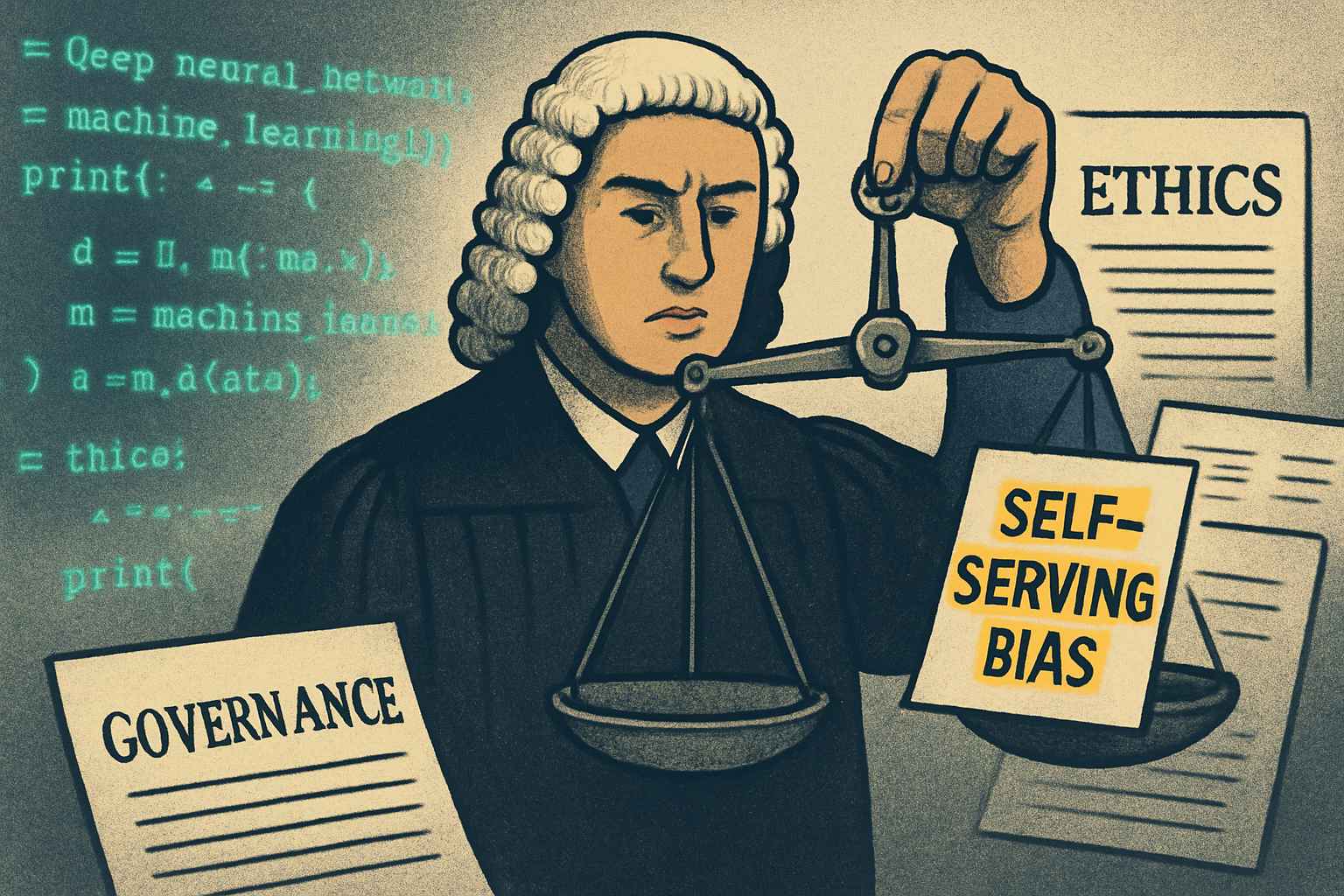 Ethical scales tipped by self-serving bias critique in AI governance context.