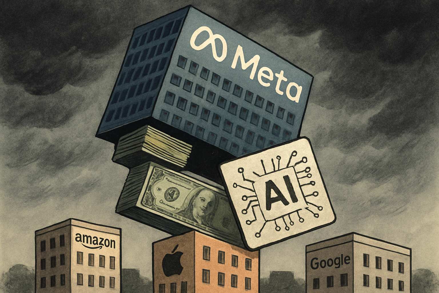 Meta building balancing on cash stacks symbolizes social media giant pressure.