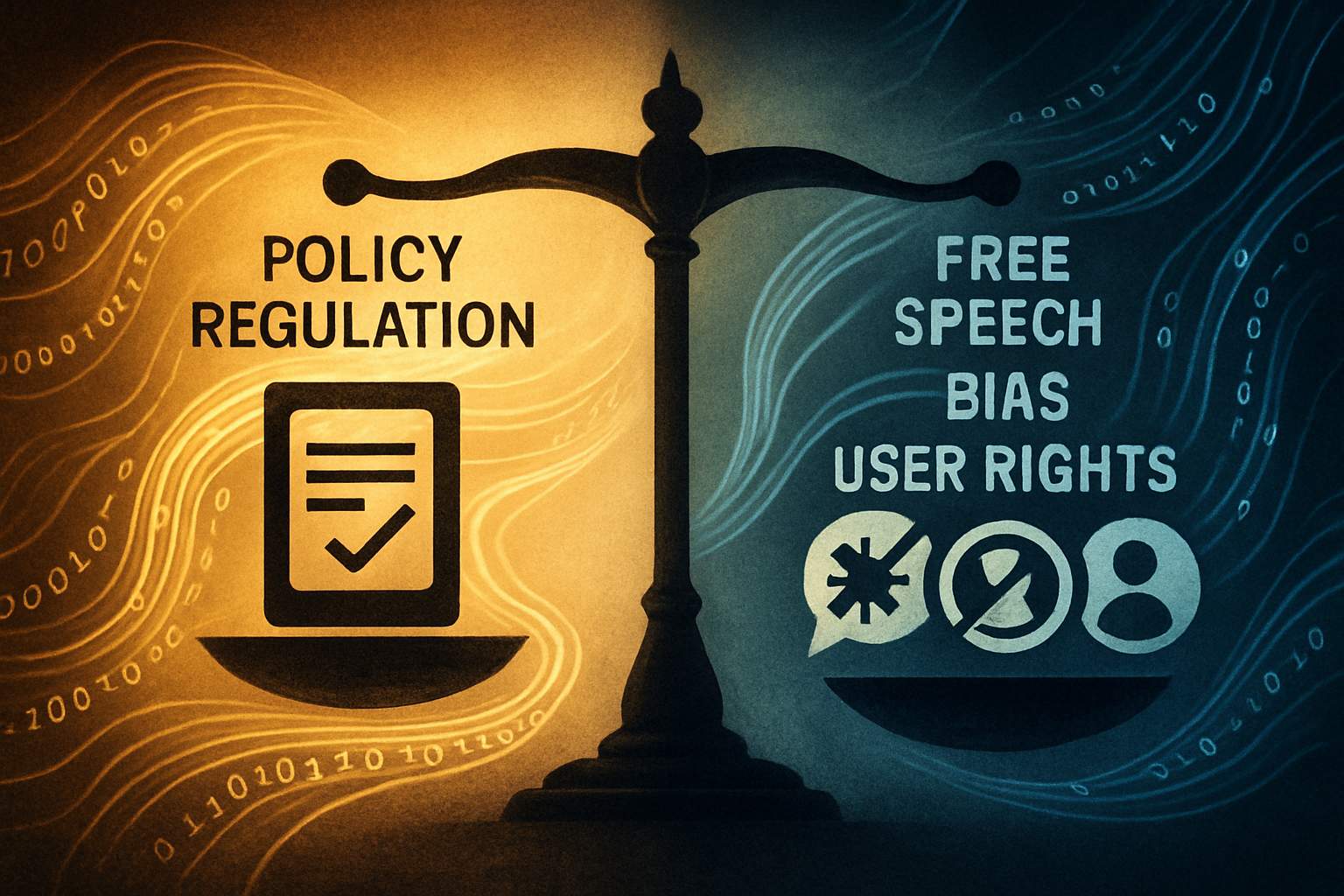 Content moderation balancing regulation, policy, and user rights using digital scales.