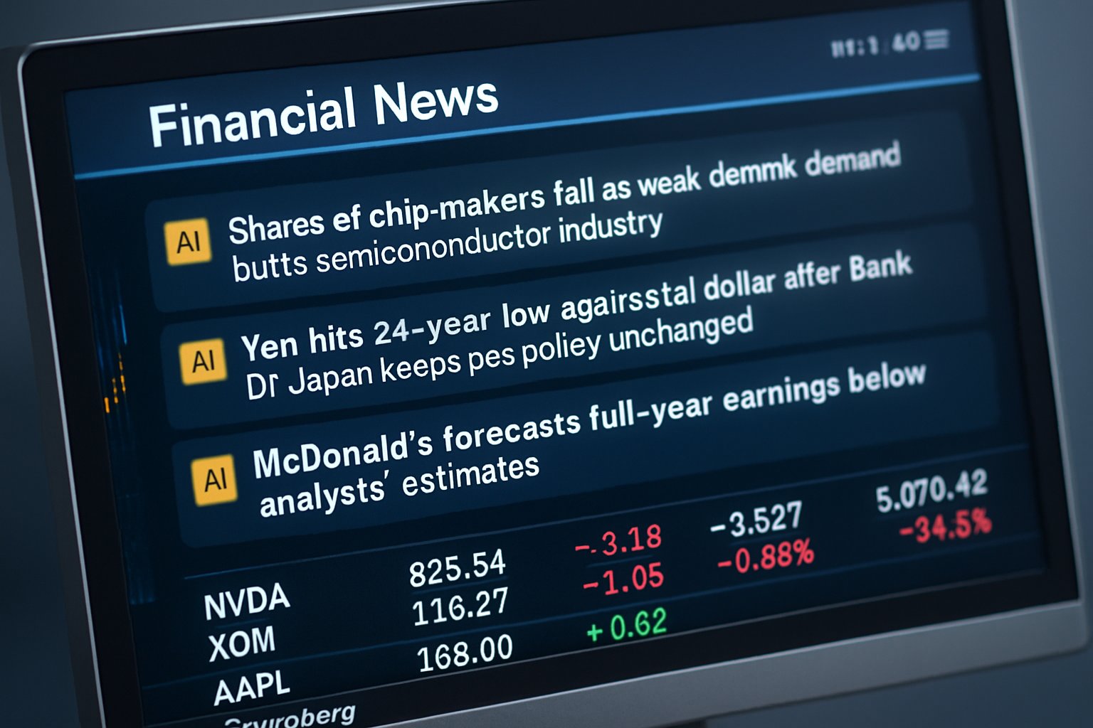 Bloomberg Terminal displaying AI Financial News summaries.