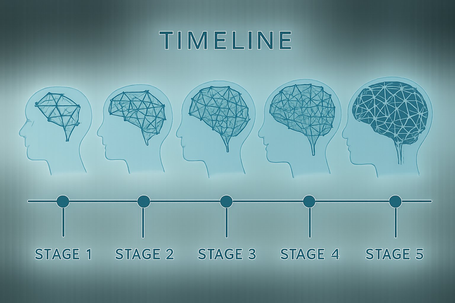 Neuroscience timeline infographic of five distinct brain wiring stages.