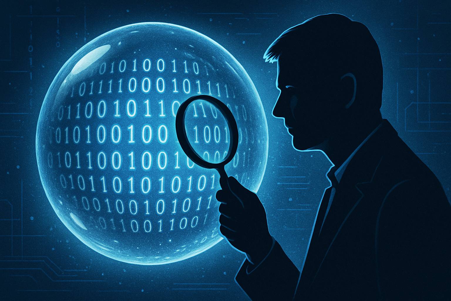 Michael Burry inspects an AI valuation bubble in digital style.