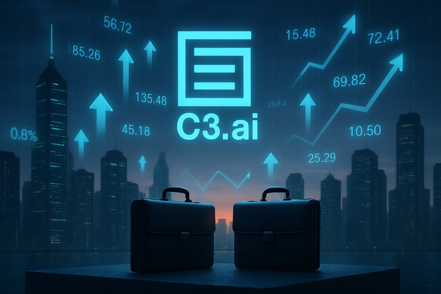 Digital cityscape and briefcases representing C3.ai M&A speculation