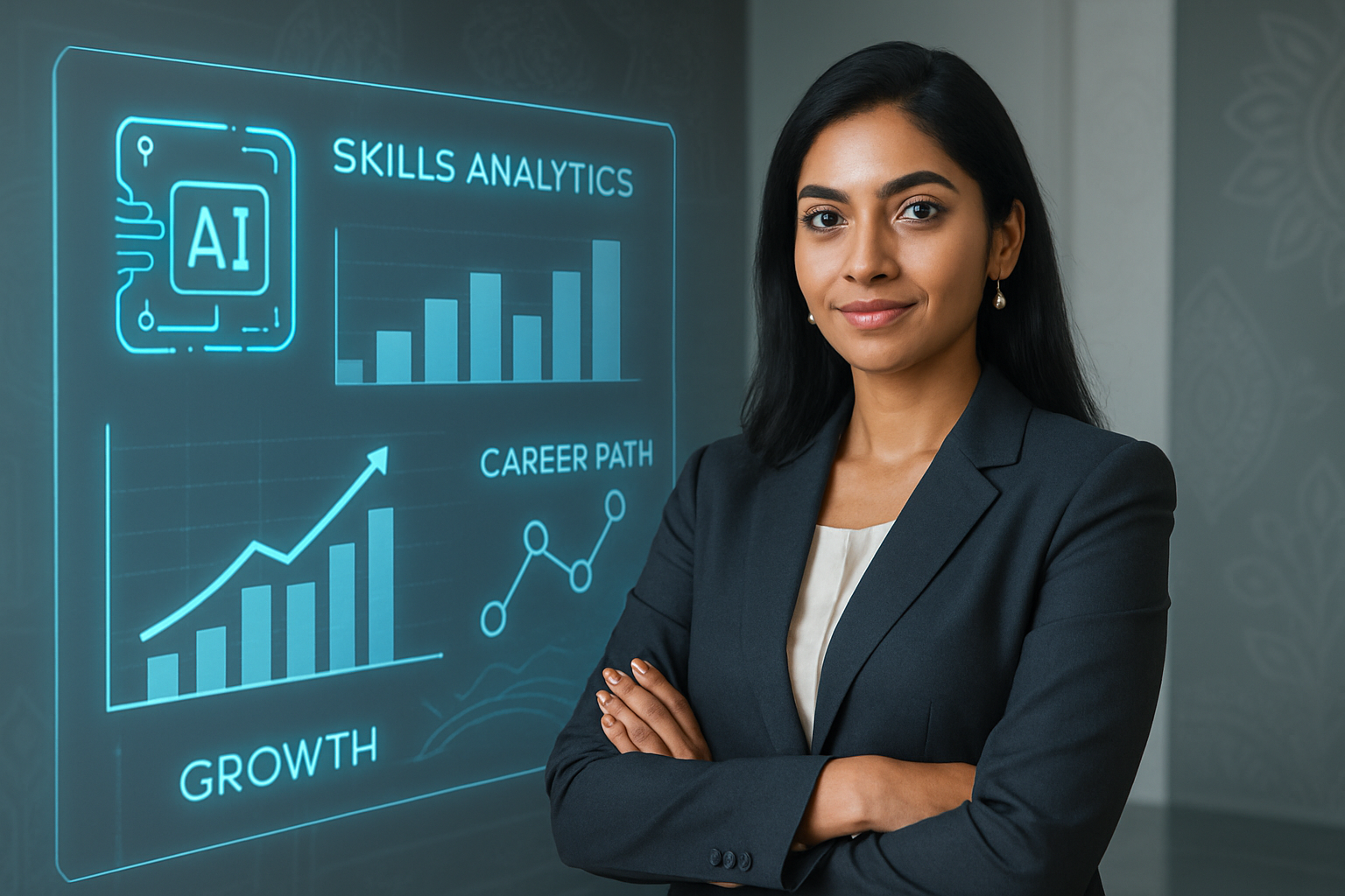 Indian businesswoman uses AI-at-work adoption platform to plan her career.