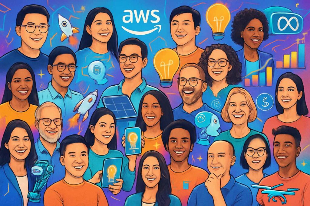Diverse founders illustrate the 30 U.S. startups selection participating in the AWS–Meta program.