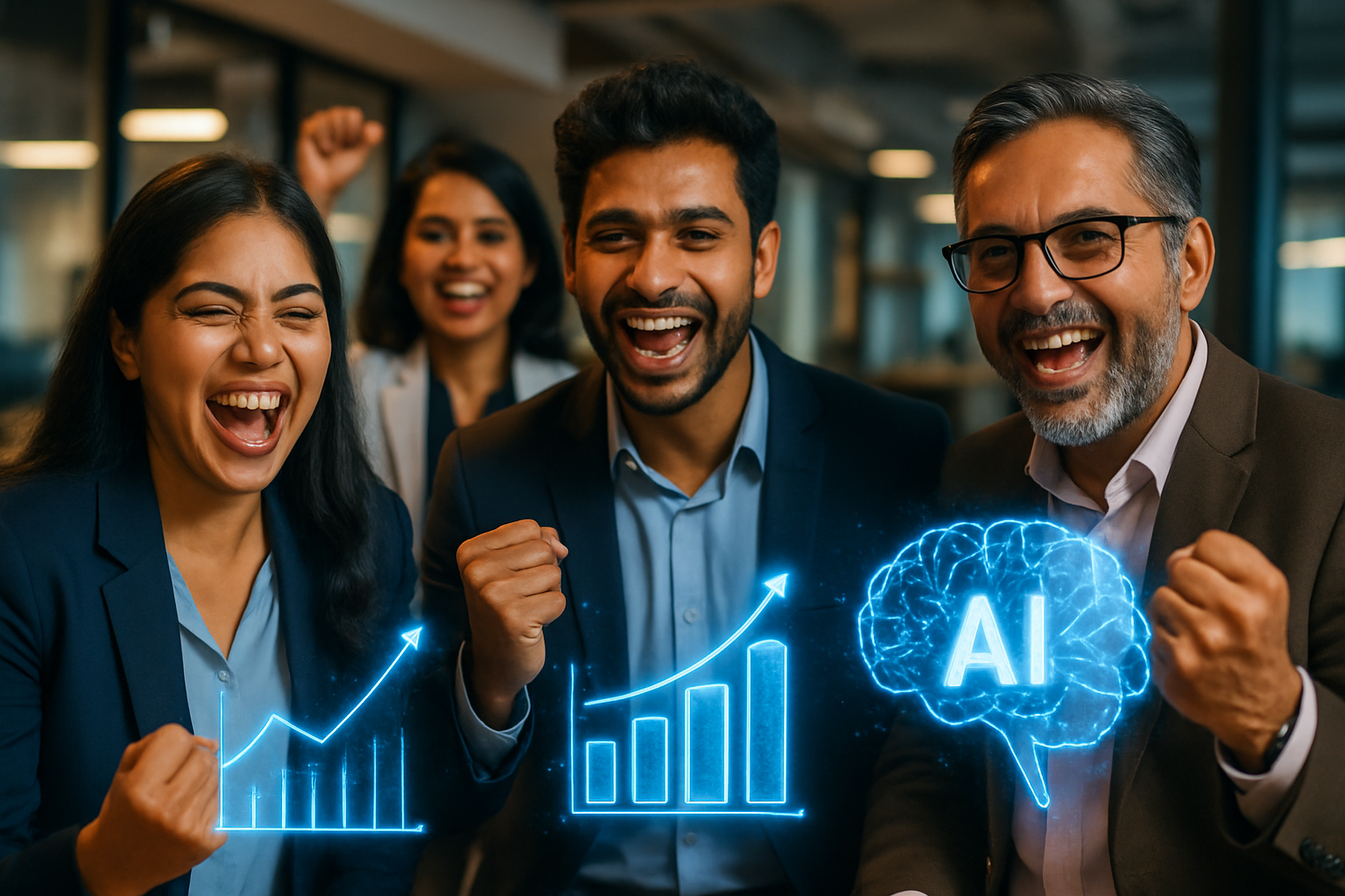 Indian founders celebrate AI startup funding with investment charts and neural networks.