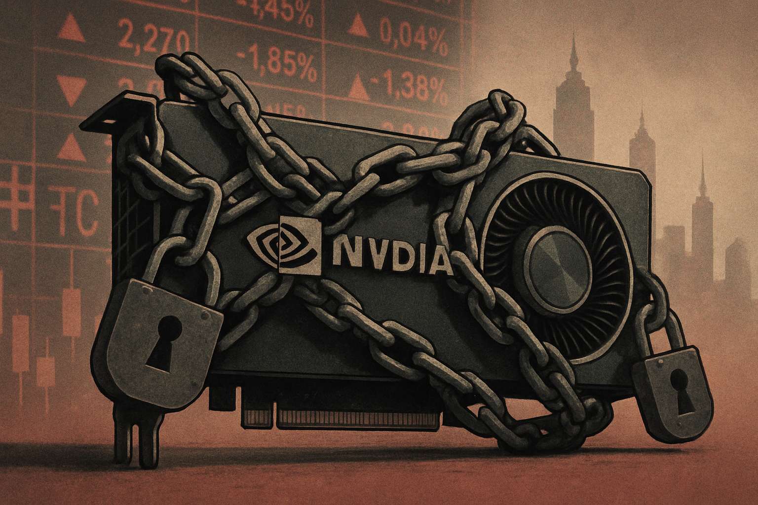AI Market Restrictions symbolized by chained Nvidia GPU and Chinese financial backdrop.