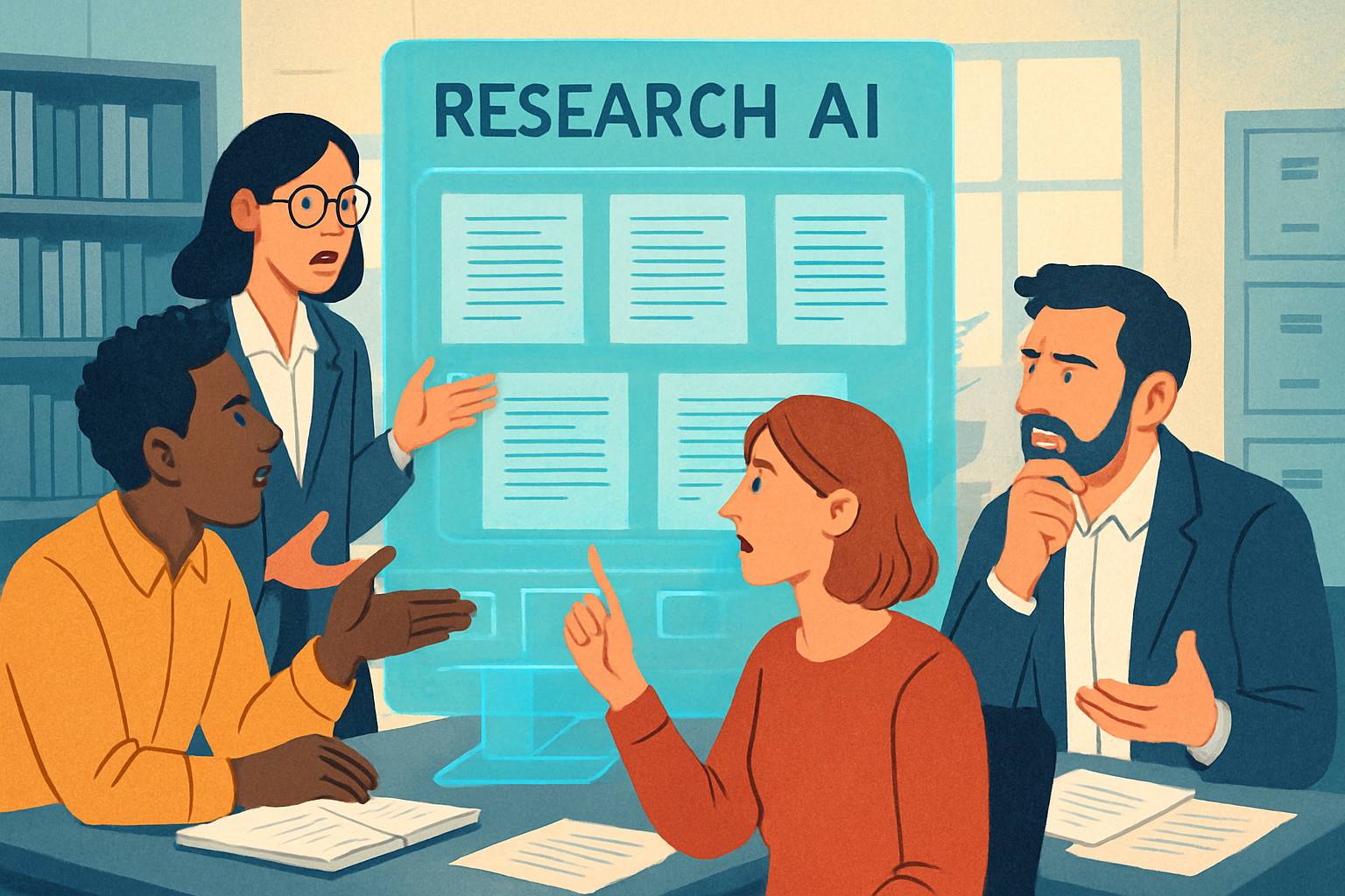 Research AI transforming academic publishing with researchers and editors debating outcomes.