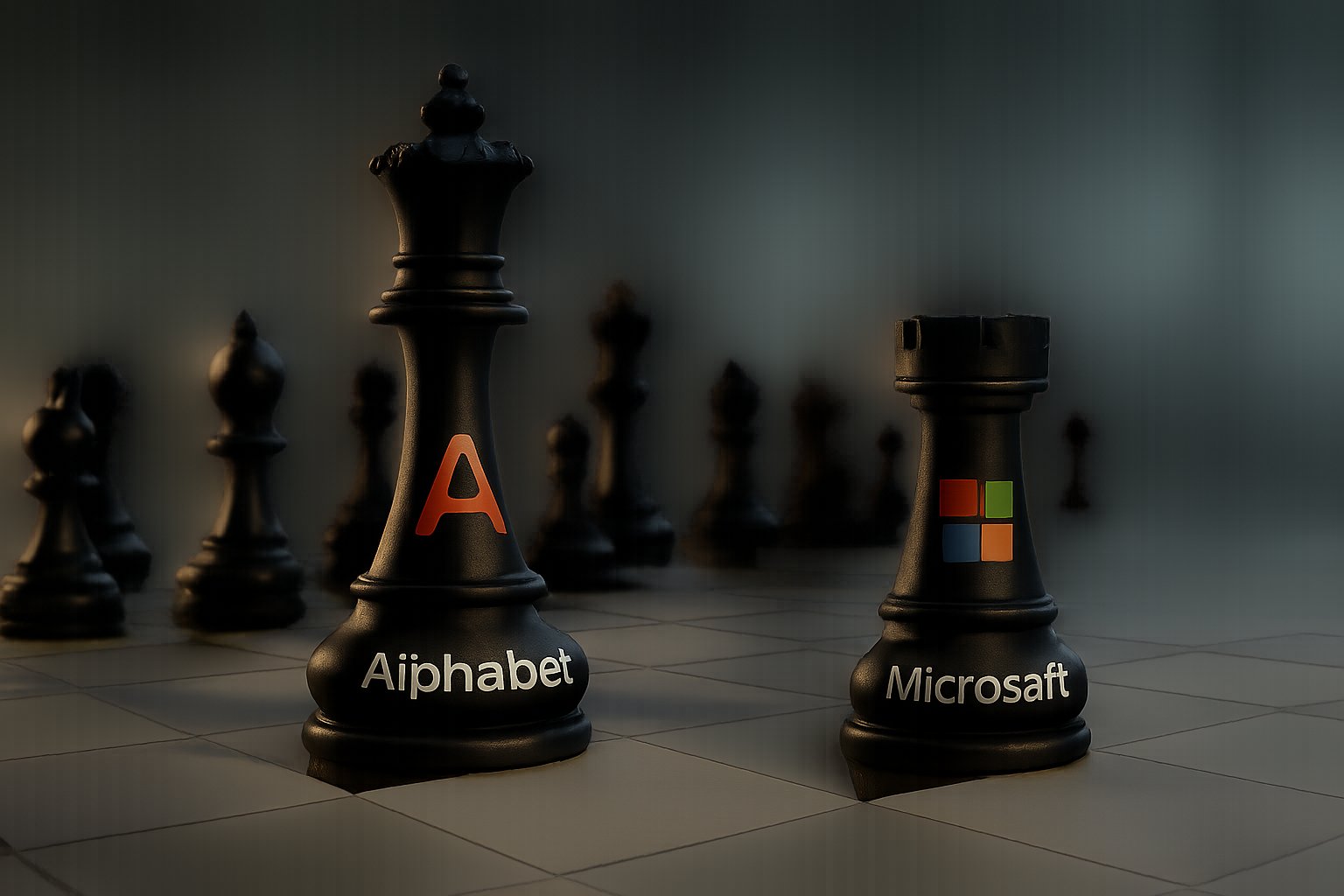 Strategic chessboard representing competitive positioning shift between Alphabet and Microsoft.