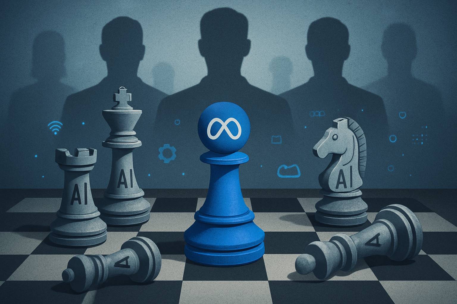 Chessboard scene visualizing organizational conflict and layoffs at Meta AI labs.