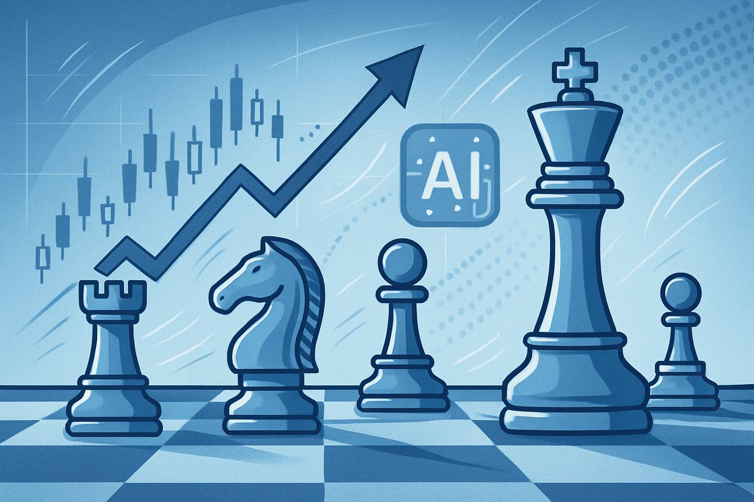 Corporate Strategy visualized as a chessboard with tech and financial icons.