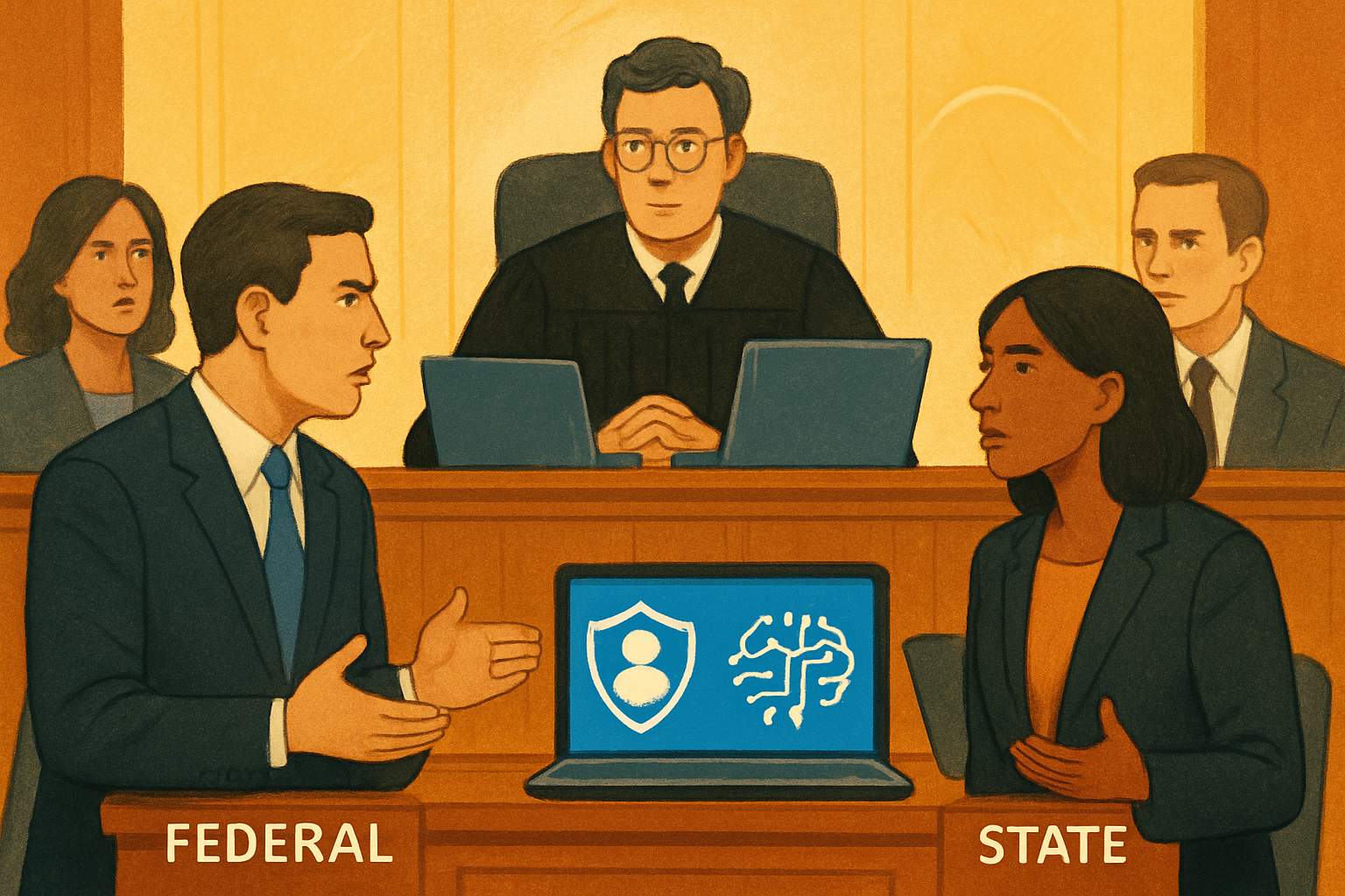 Federal Preemption and KOSA depicted with officials debating child safety regulations.