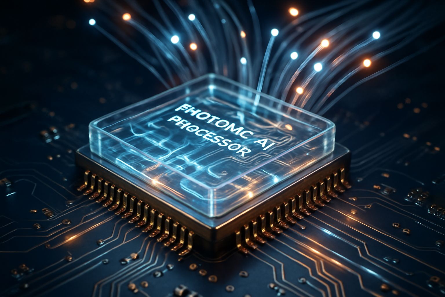 Photonic AI processor chip on circuit board with fiber optics illustrating data transfer.