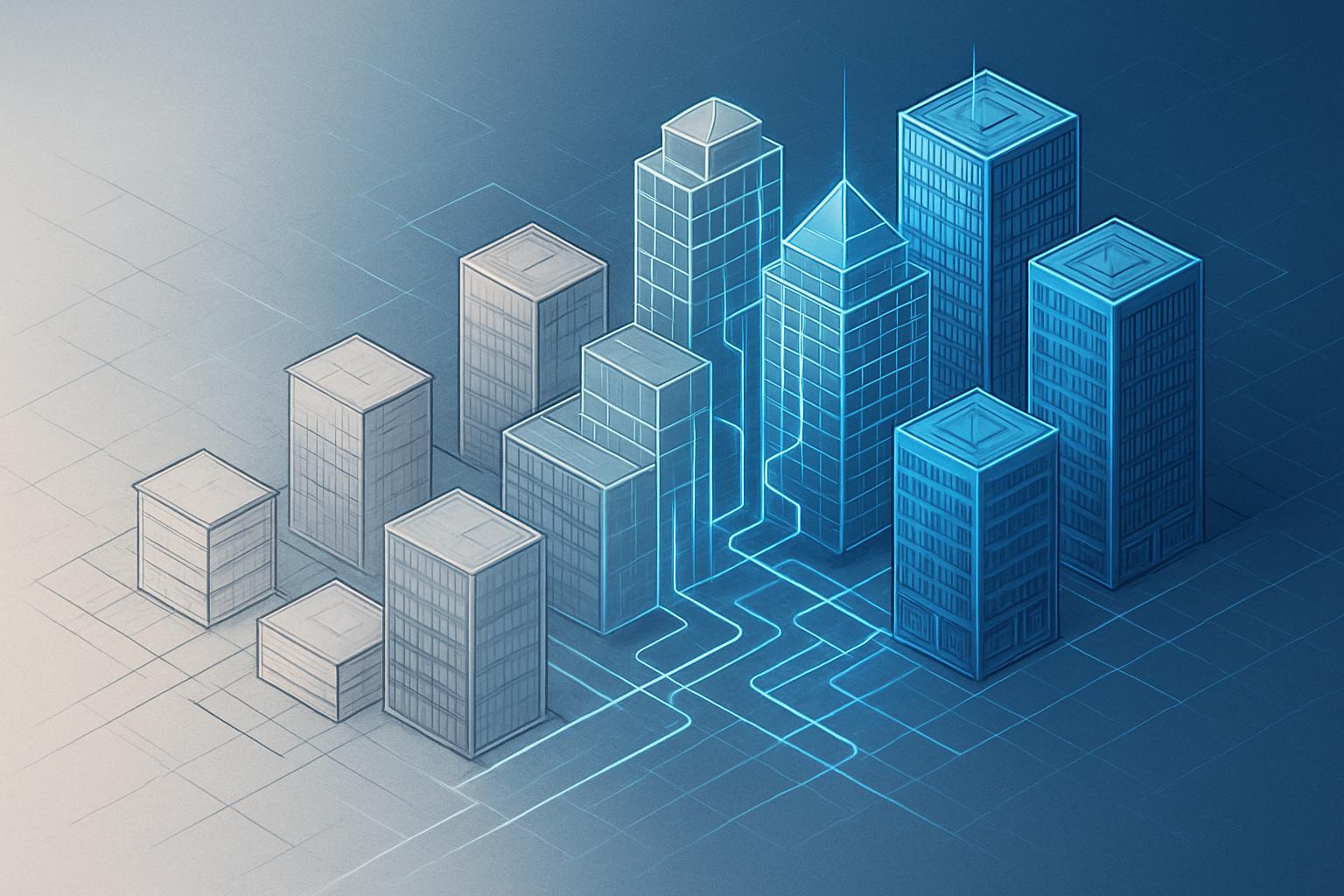 City buildings evolving from hand sketches to 3D BIM via Architectural AI.