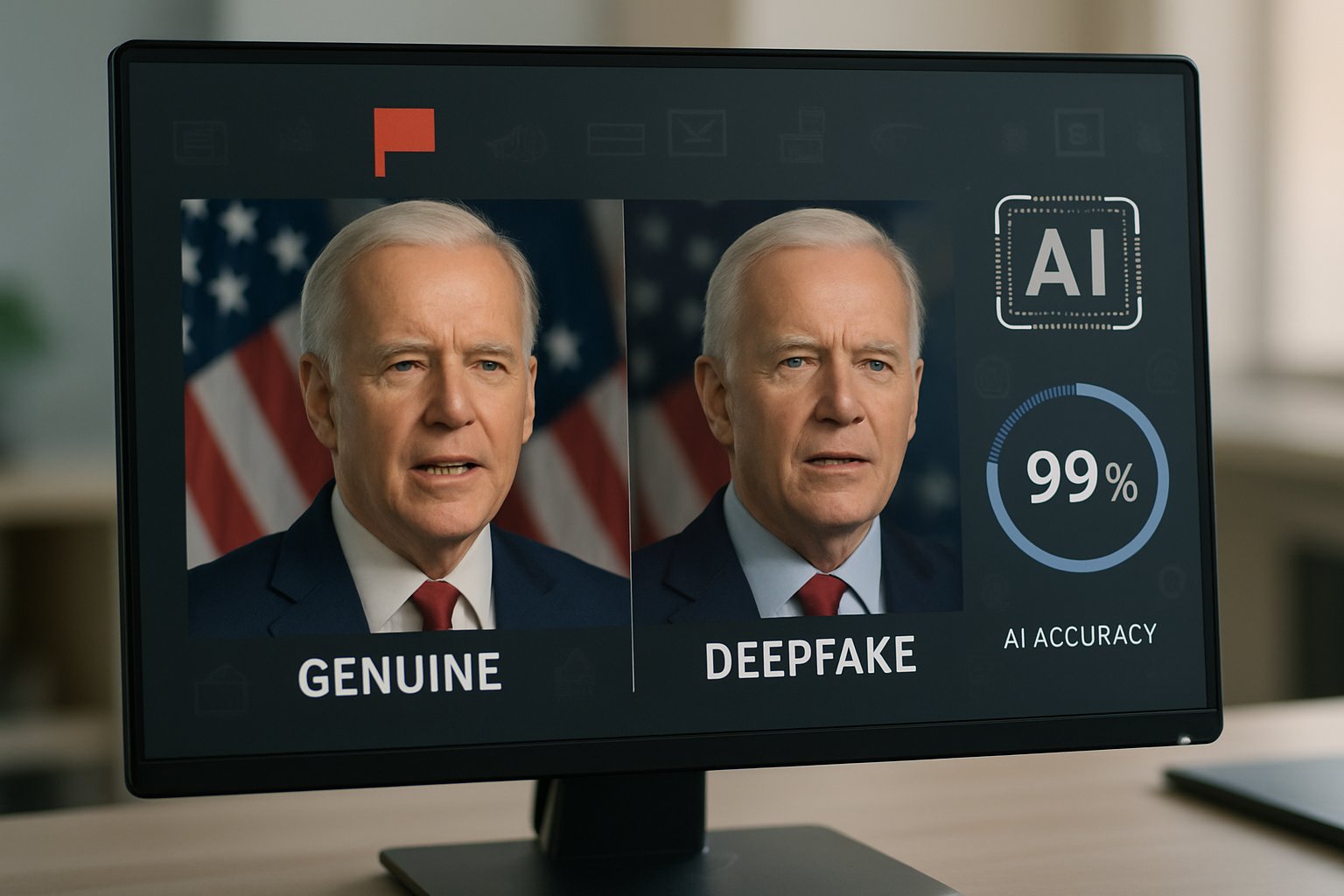 Deepfake Detection system comparing real and deepfake political ads, emphasizing 99% accuracy claim.