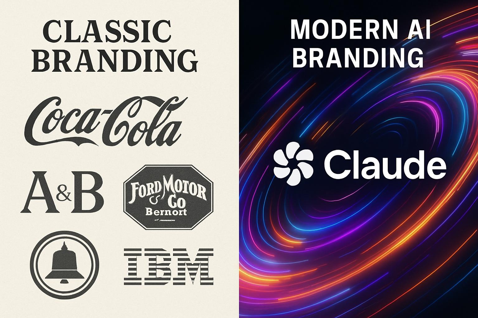 Split-screen showing classic vs modern AI branding evolution with Claude identity.