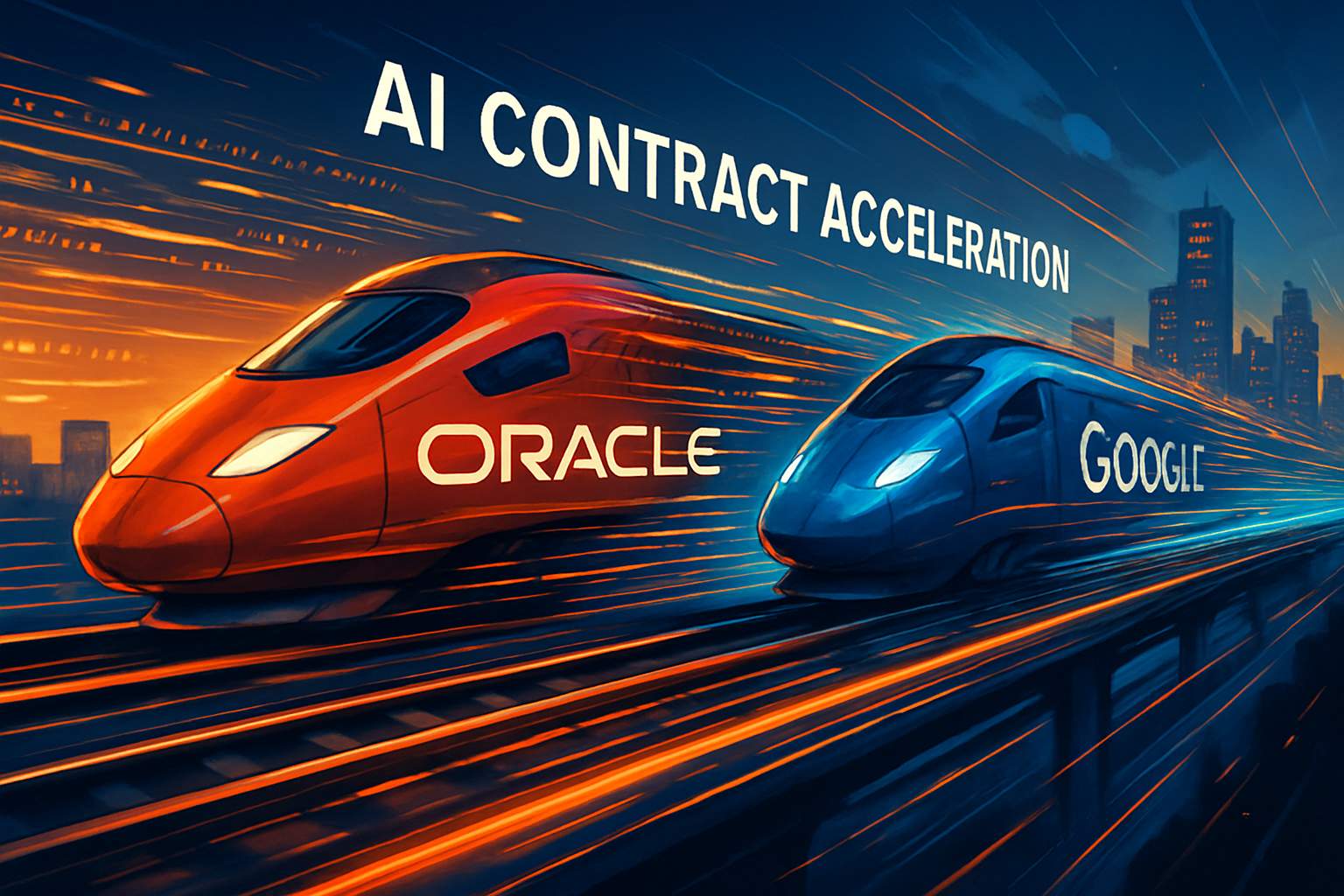 Oracle and Google racing with AI Contract Acceleration visualized as data trains
