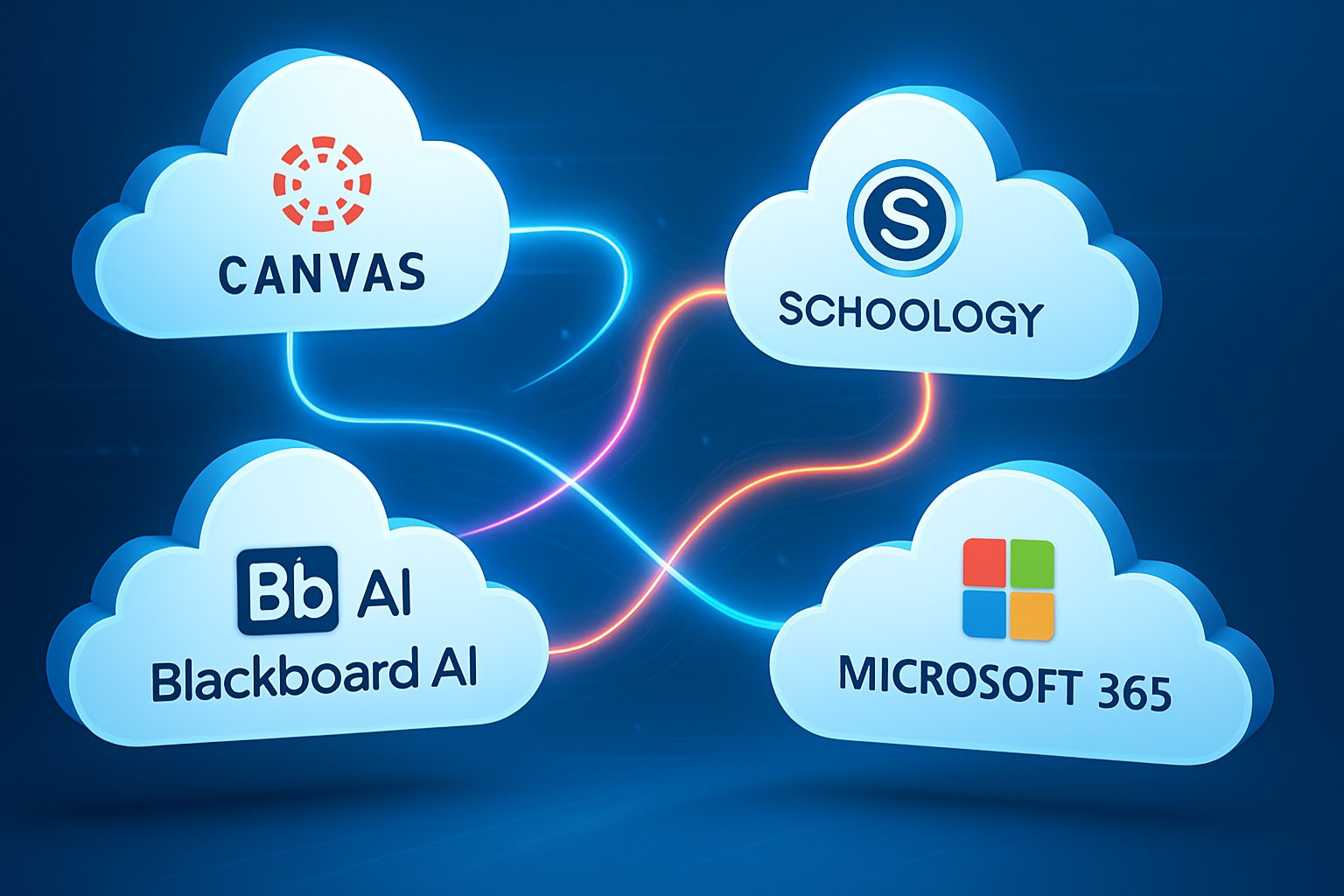 Cloud integration visual showing Canvas-Schoology-Blackboard AI and Microsoft 365 connected by network lines.