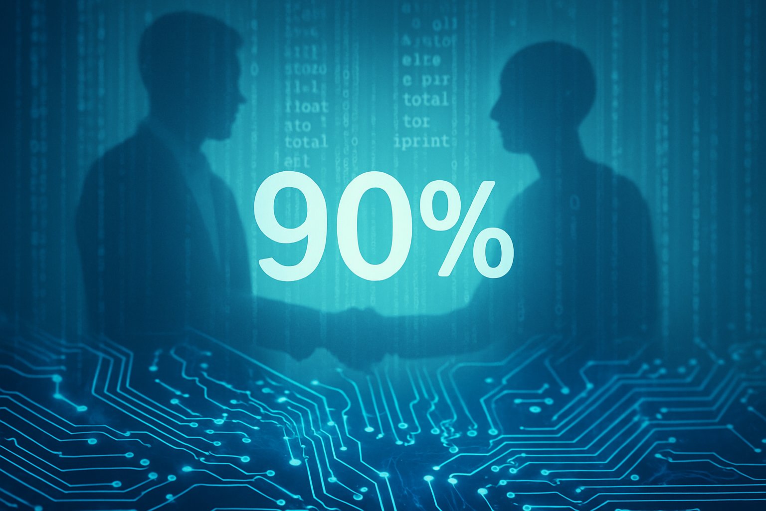 Meta-development milestone illustrated with digital code and 90 percent progress