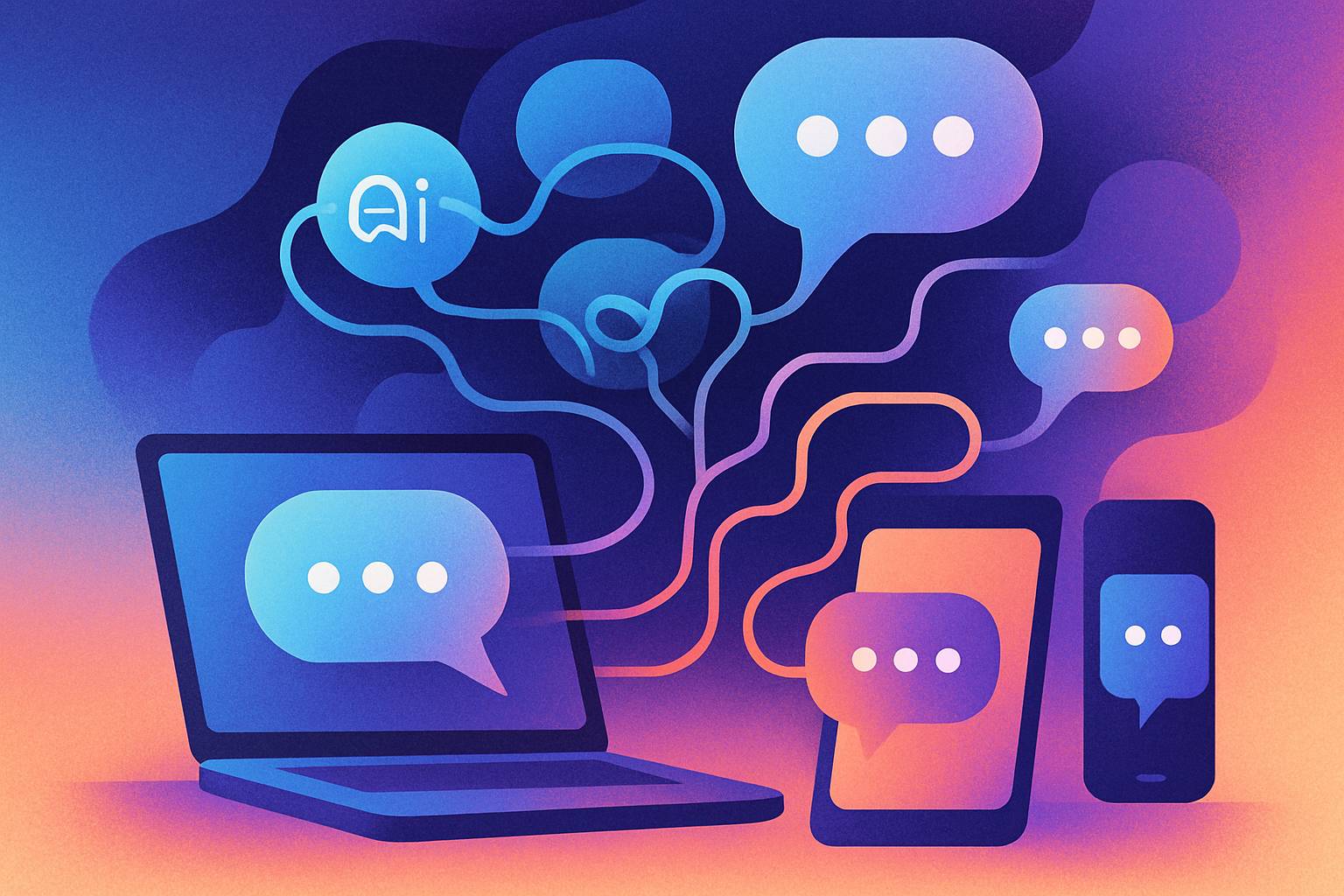 Abstract chat bubbles represent ChatGPT group collaboration across devices.