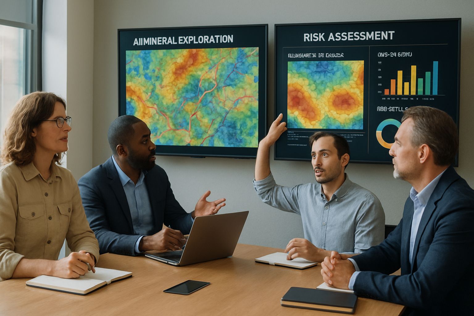 Team discussing AI mineral exploration risks and project funding opportunities.