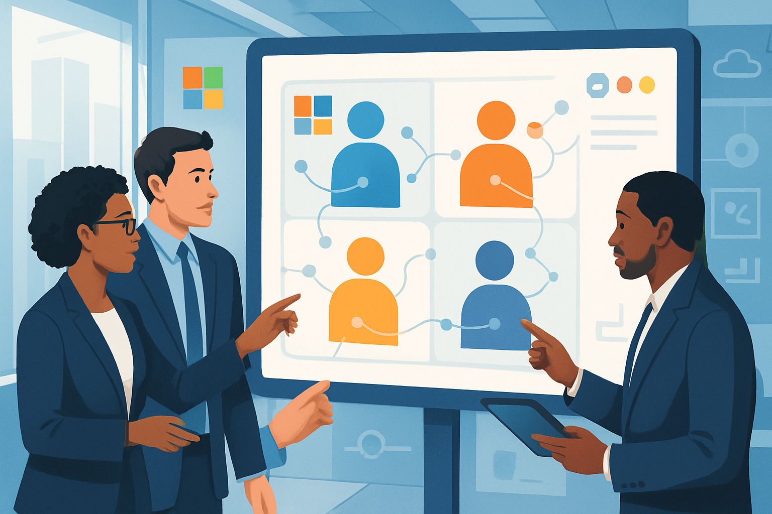 Team coordinating enterprise agent management with digital agent avatars on a display.