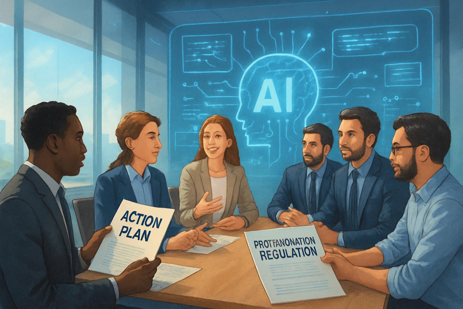 Policy makers and developers collaborating on pro-innovation regulation for AI in the UK.