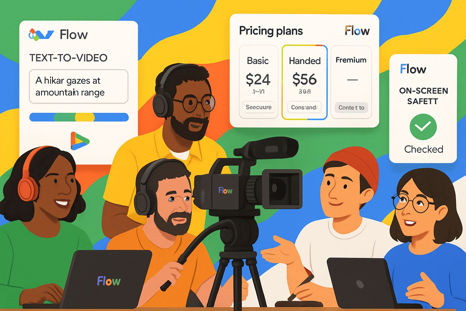 Collaborative workspace showing Google Flow video production platform with text-to-video and pricing tools.
