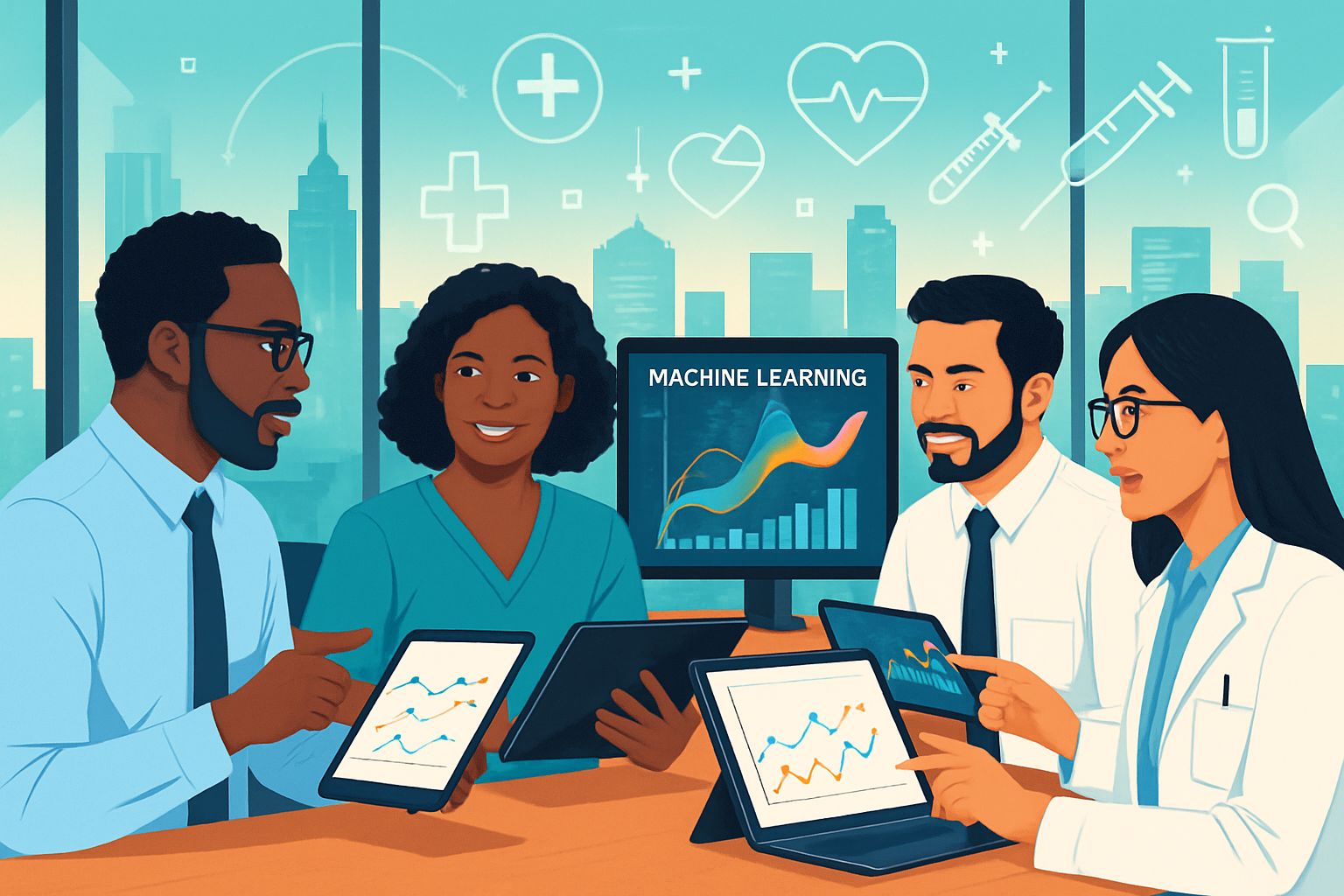 Public Health experts analyzing ML-driven health data trends for better forecasting.