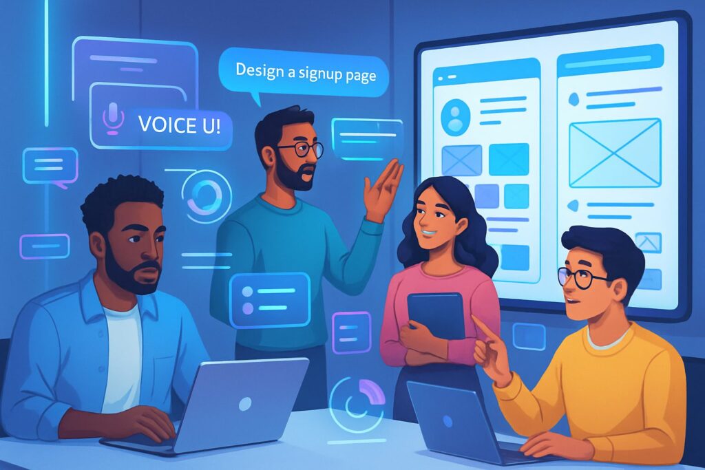 Design team using voice-first UI Design tools on collaborative digital interface
