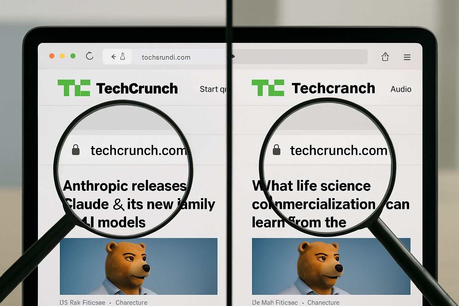 Phishing Campaign using lookalike TechCrunch domains side by side.