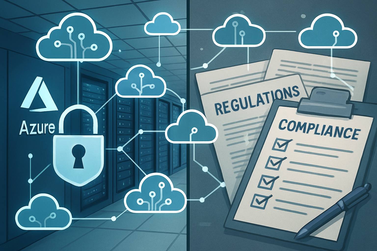 AI Cloud Sovereignty and compliance documents with Azure data center and cloud icons.