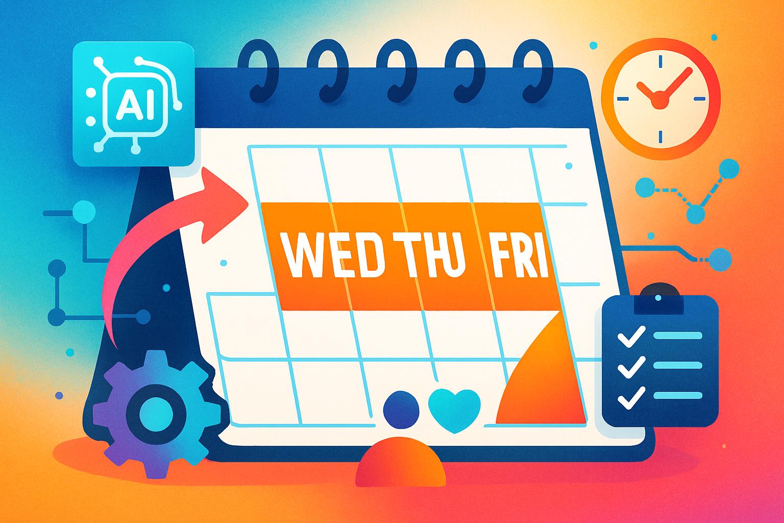 Calendar visualization showing AI Productivity Acceleration and a 3.5-day workweek.