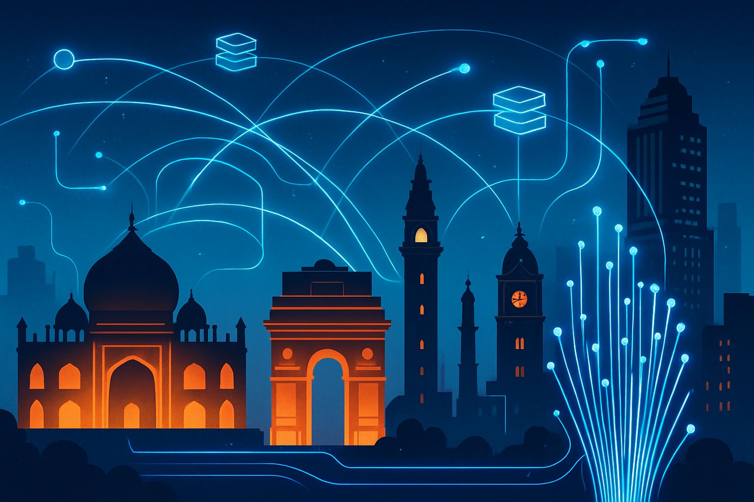 Indian city skyline with digital network representing AI-ready infrastructure growth.