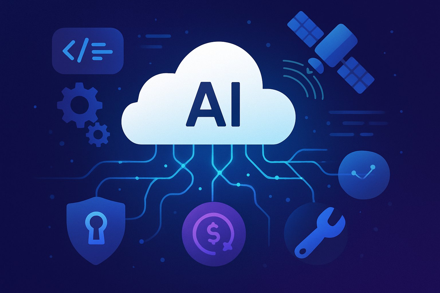 Illustration of integrated Cloud AI features connecting business solutions.