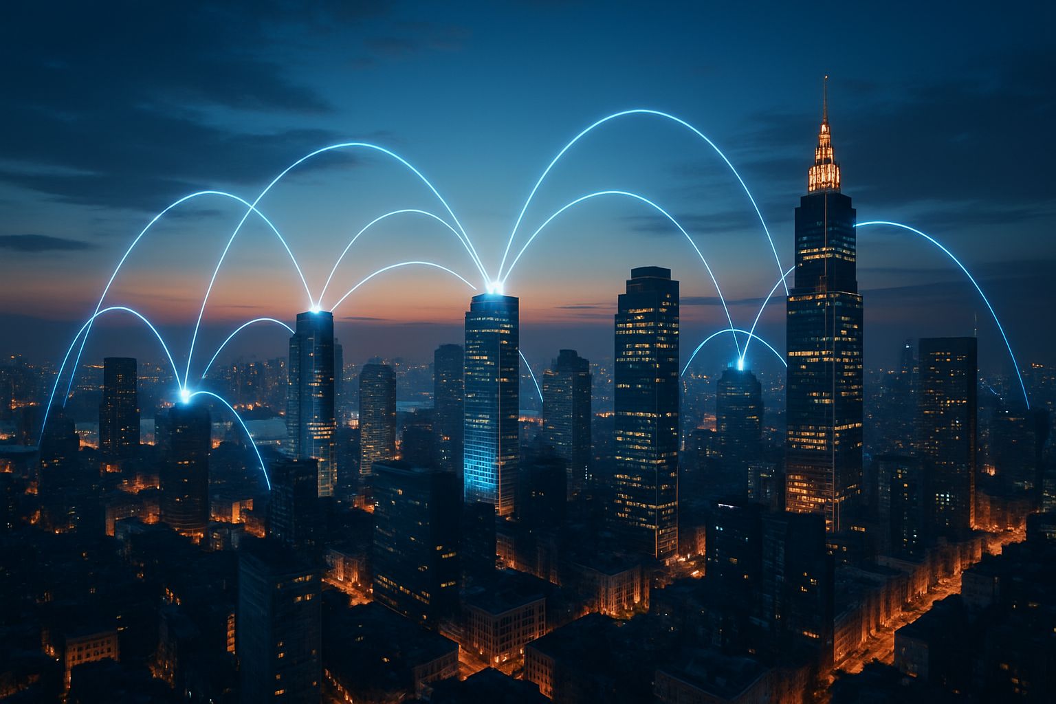 City skyline connected by AI symbolizing the Future of Work.