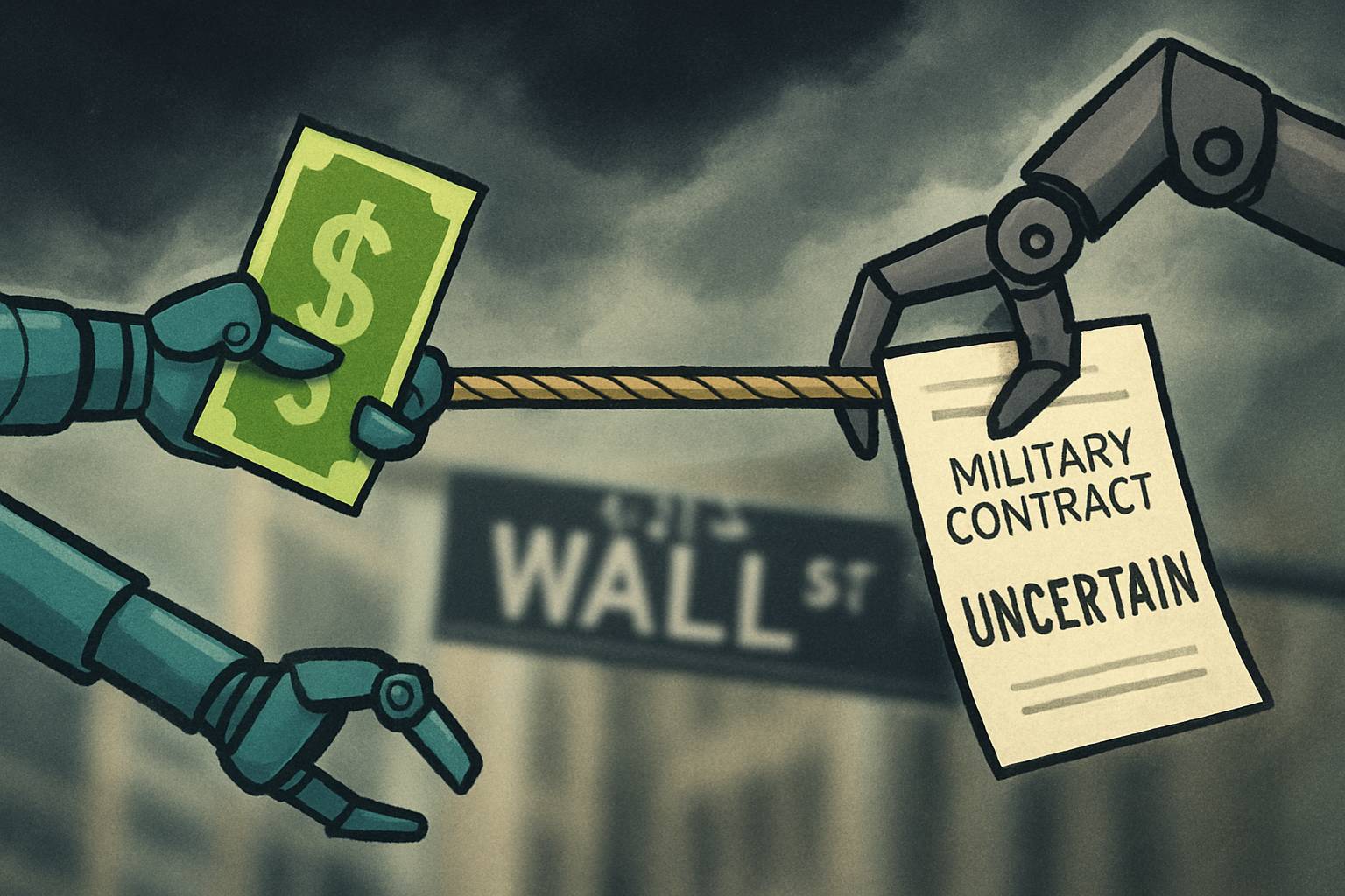Robotic arms and uncertain contracts tug-of-war representing defense AI stock weakness.