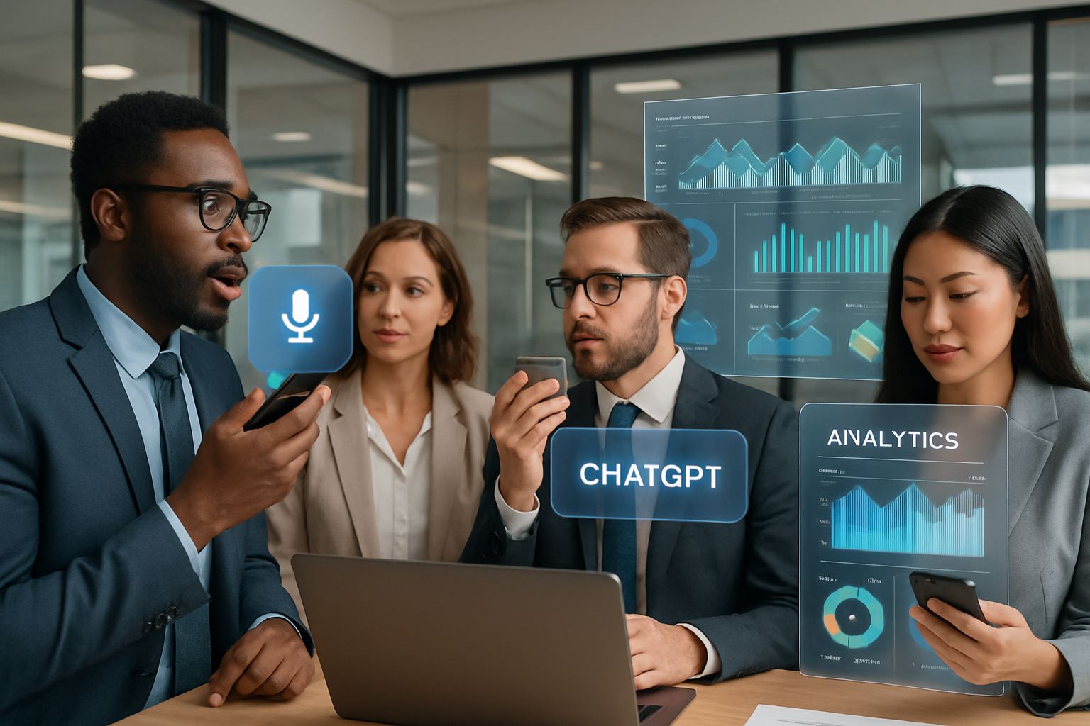 Business professionals embracing conversational AI adoption with smart devices and dashboards.