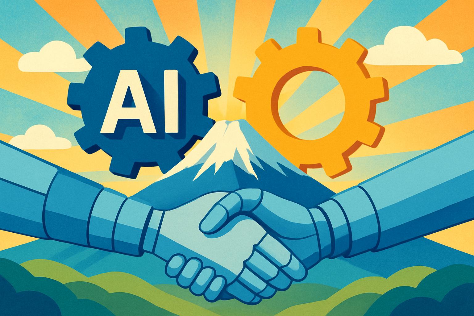 AI gears and handshake symbolizing Japan's National Policy collaboration
