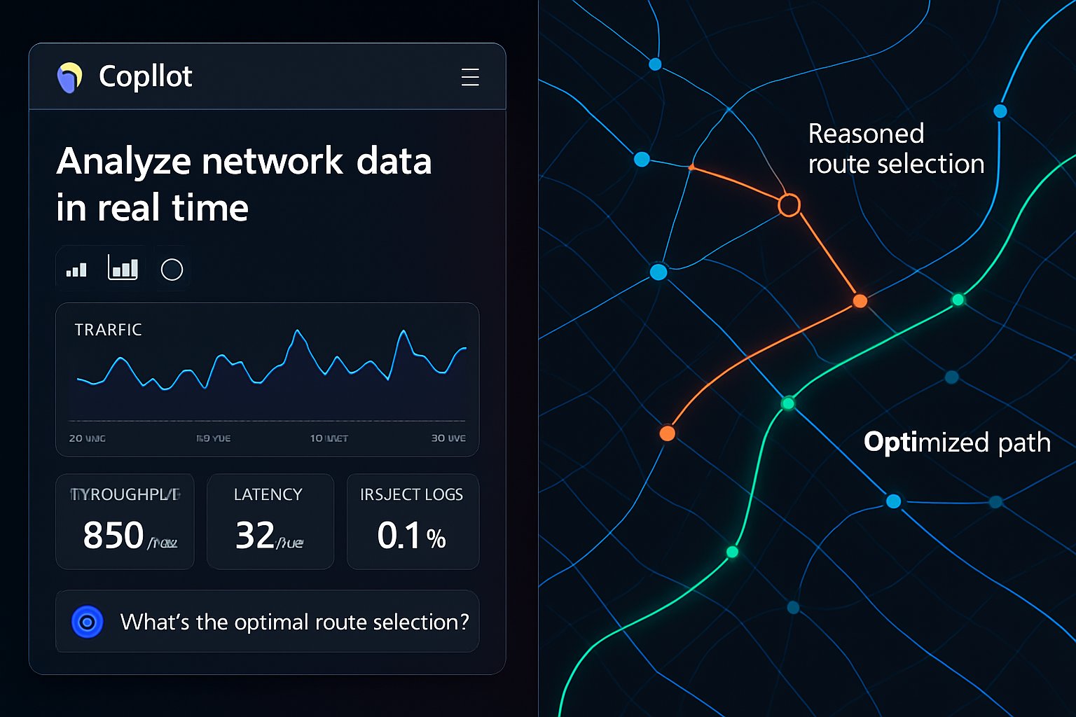 Copilot interface displays real-time router intelligence as network routes update dynamically.