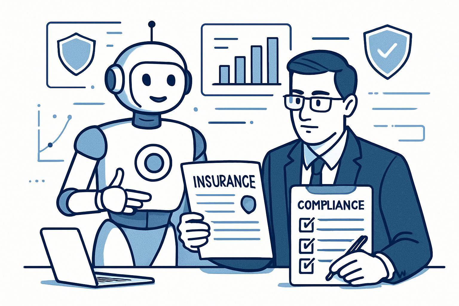 Insurtech copilot robot assists risk leader with digital insurance documents.