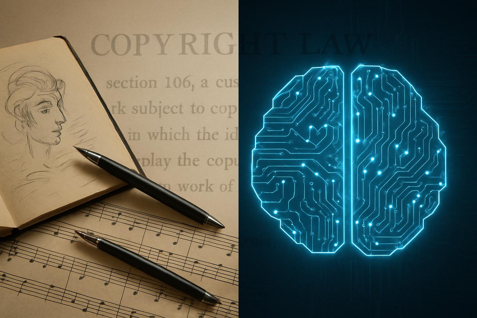 Illustration of Copyright Law divides between creative works and AI-generated outputs