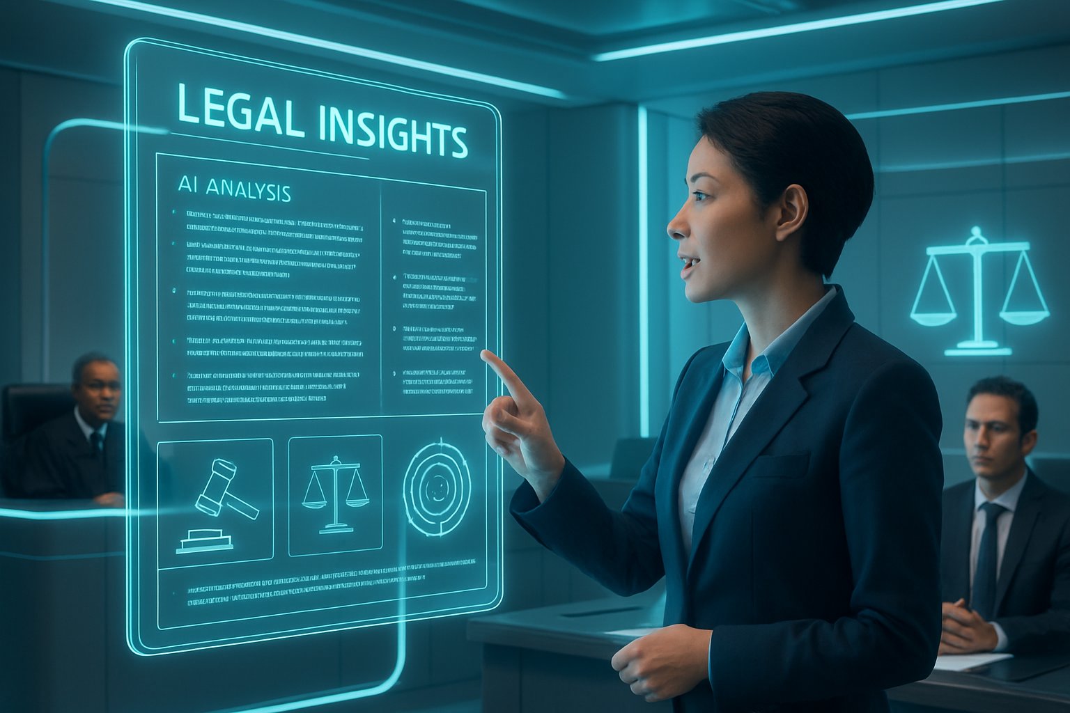 Legal Innovation empowers public defenders with AI-driven insights in a modern courtroom.