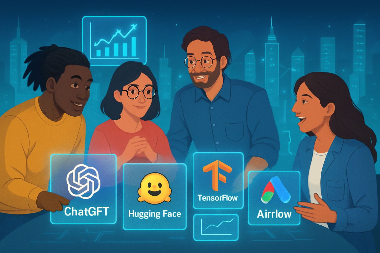 Creators collaborating using AI workflow platforms with holographic interface.