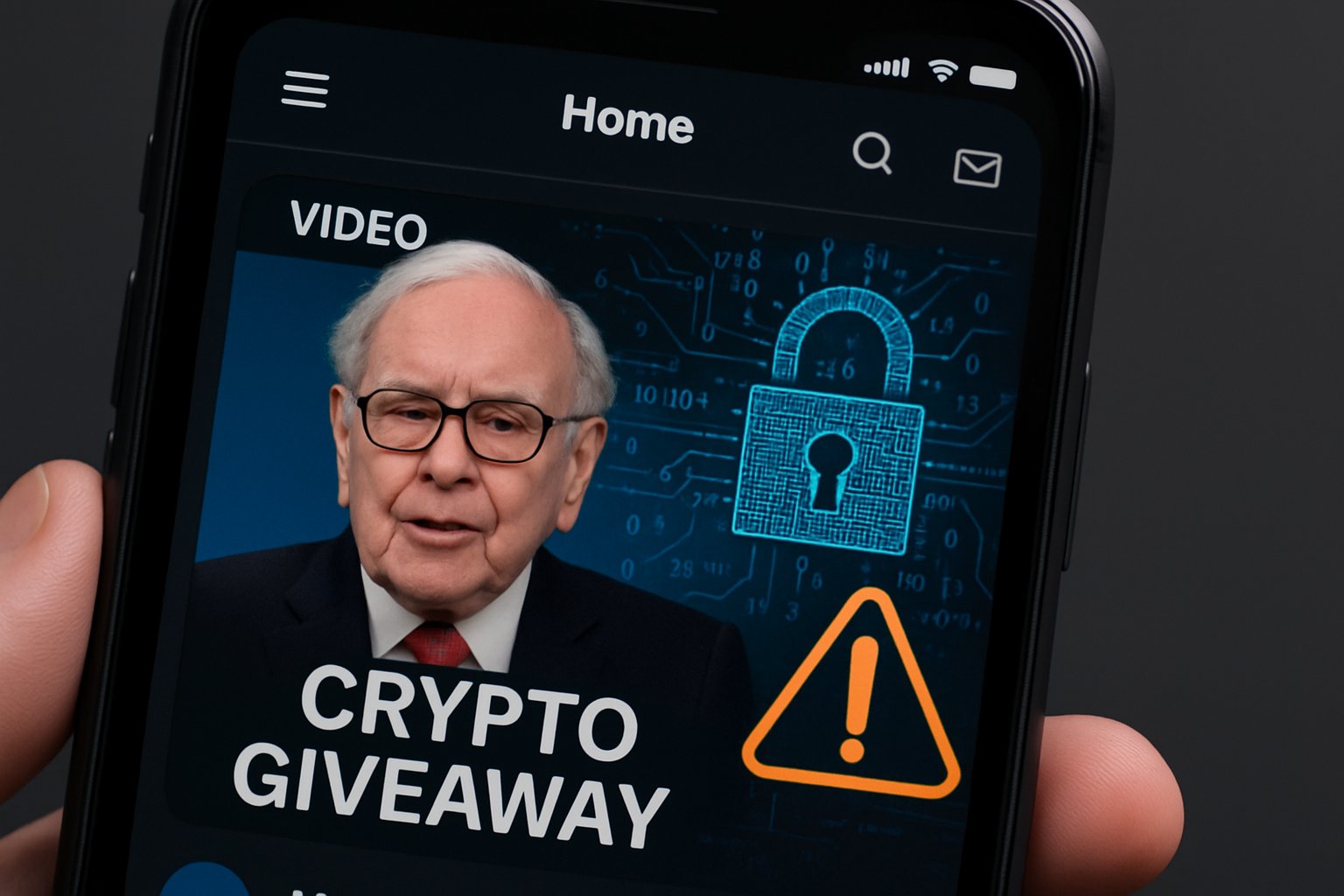 Deepfake Warning of Buffett crypto scam on smartphone social feed.