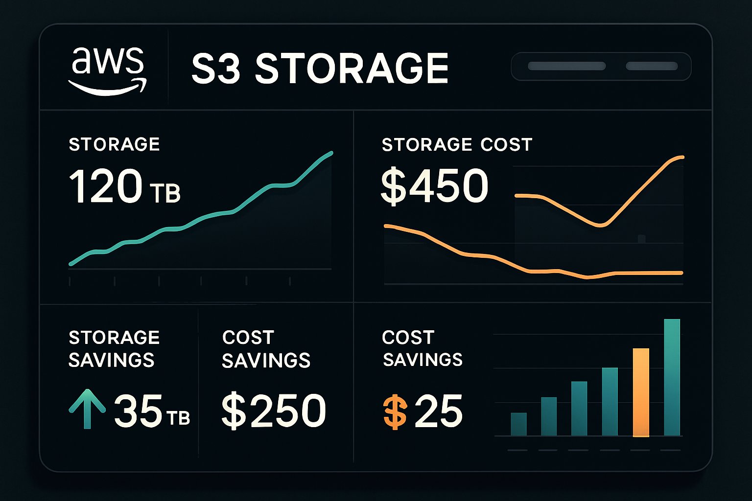 Analytics dashboard interface demonstrating 90% cost reduction vectors for AWS S3.