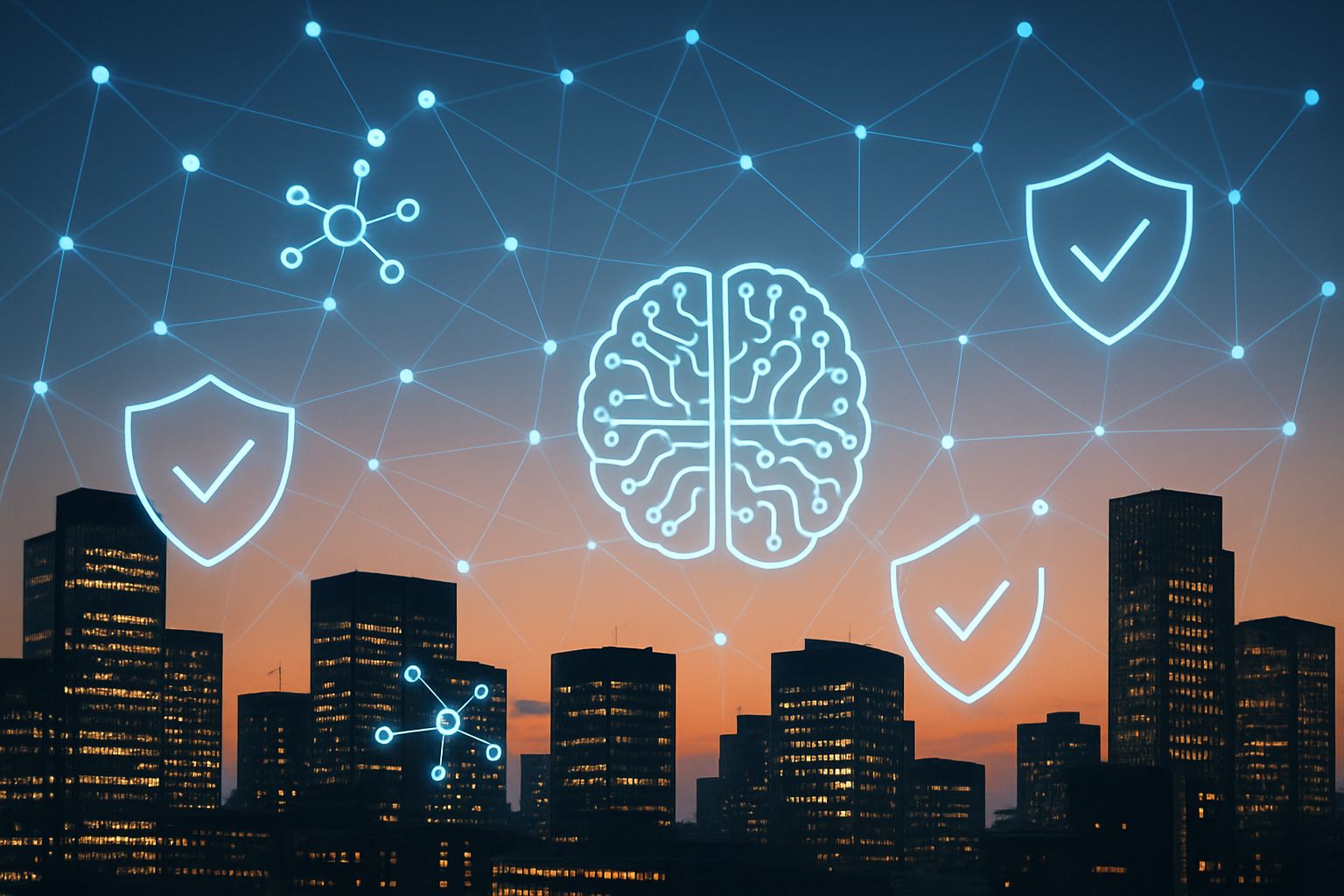Enterprise Tech visual with data nodes, compliance, and AI integration.